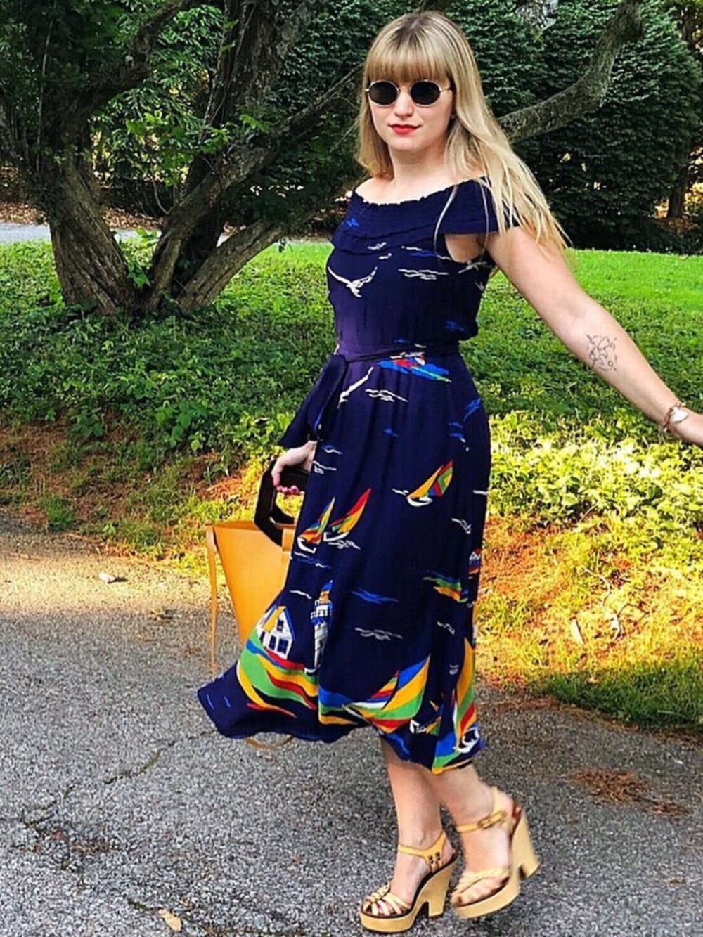 Navy Sailboat Print Midi Dress